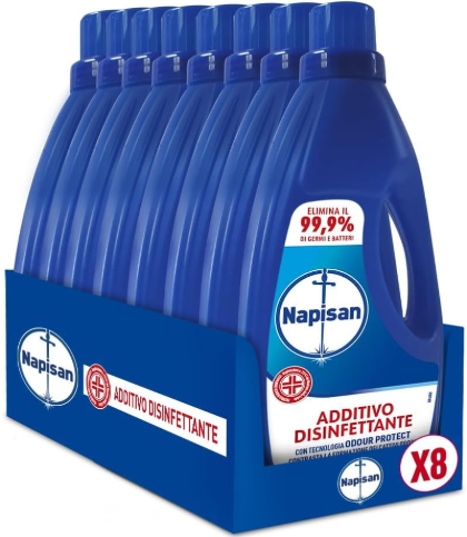 NAPISAN ADDITIVO DISINFETTANTE LAVATRICE, 8 CONFEZIONI DA 1 LITRO DI ADDITIVO LIQUIDO PER LAVATRICE